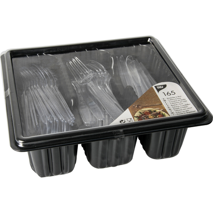 Schwarze Besteck-Box mit 165 transparenten Besteckteilen in praktischer Fächeranordnung.