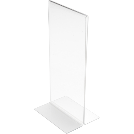 Transparenter Tischaufsteller in T-Form mit einer stabilen Basis und klarer Sichtfläche.