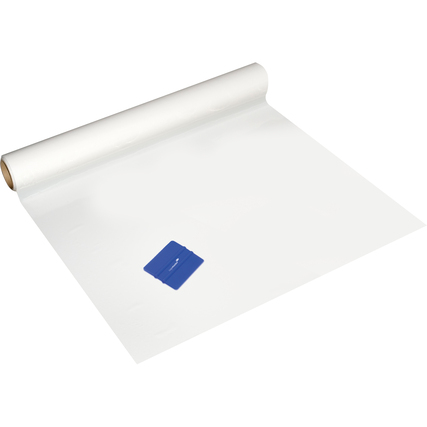 Whiteboardfolie in Rolle, mit einem blauen Werkzeug auf einer weißen Fläche.