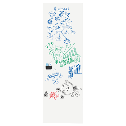 Weißes Whiteboard mit bunten Skizzen und Texten, das an einer Wand angebracht ist.