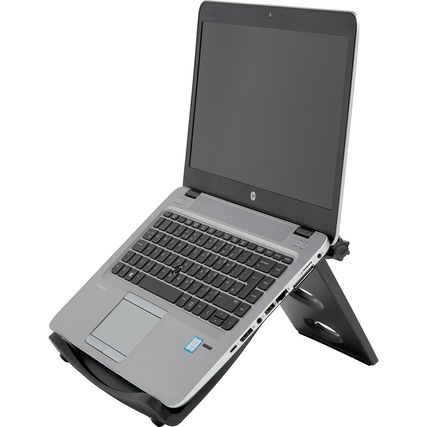 Notebookständer in schwarz mit hochgestelltem Laptop für bessere Ergonomie und Luftzirkulation.