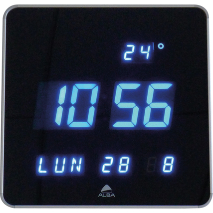 Digitale Wanduhr mit blauer LED-Anzeige, zeigt Uhrzeit, Datum und Temperatur an.