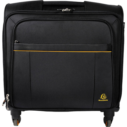 Schwarzer Notebooktrolley mit Rollen, Teleskopgriff und großer Reißverschlusstasche vorne.