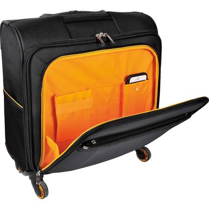 Schwarzer Notebooktrolley mit offener Tasche, orangefarbener Innenseite und stabilen Rollen.