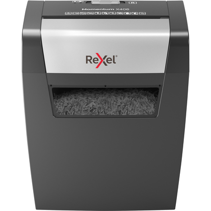 Schwarzer Aktenvernichter mit silberner Oberseite und Sichtfenster für geschreddertes Papier.