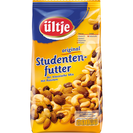Packung mit Studentenfutter, besteht aus Nüssen, Rosinen und mehreren Zutaten, 1000 g.