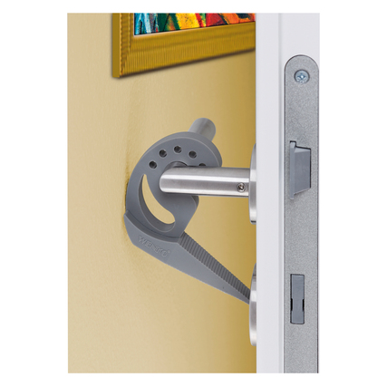 Türstopper in Anwendung zur Fixierung der Tür und als Fingerklemmschutz an der Wand.