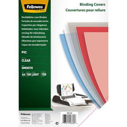 Deckblattfolie aus PVC in verschiedenen Farben für DIN A4 Dokumente, als Produktabbildung gezeigt.