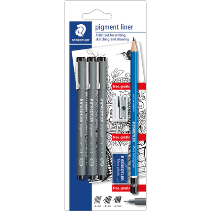 Set aus drei STAEDTLER Finelinern sowie einem Bleistift und einem Anspitzer auf Hintergrund.
