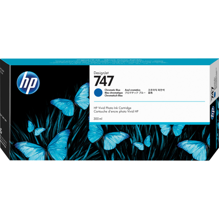 Tintenpatrone 747 in blauer Verpackung mit Schmetterlingsmotiv und Produktinformationen.