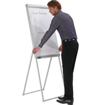Person steht neben einem Flipchart mit Diagramm, das auf einem stabilen Ständer montiert ist.