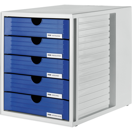 Schubladenbox mit lichtgrauem Gehäuse und fünf blauen, beschriftbaren Schüben.