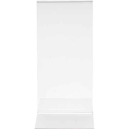 Transparenter Tischaufsteller in T-Form mit freier Sicht auf eingesteckte Informationen.