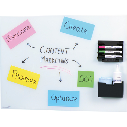 Glasboard mit bunten Notizen, Tafelschreiberhalter und Zubehör wie Reiniger und Tücher.