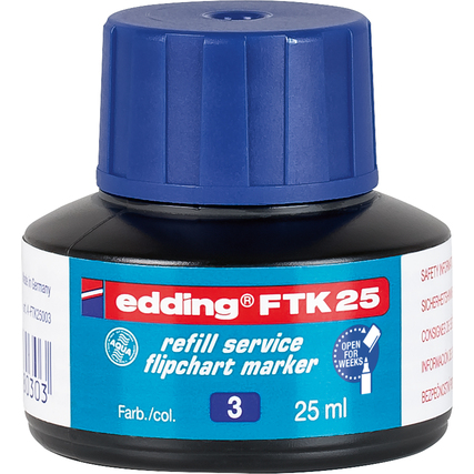 Blaues Fläschchen mit 25 ml Nachfülltinte für Flipchartmarker, mit blauem Drehverschluss.