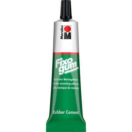 Grüne Tube mit elastischem Klebstoff, beschriftet mit "Fixogum", auf weißem Hintergrund.