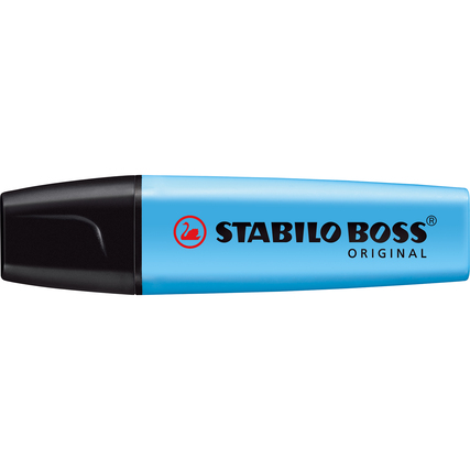 Blauer STABILO BOSS ORIGINAL Textmarker in seitlicher Ansicht mit schwarzem Verschluss.
