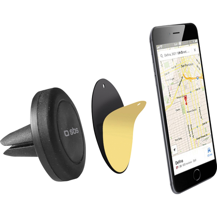 Kfz-Halterung mit magnetischem Clip, Smartphone und Montagezubehör für Lüftungsschlitze.