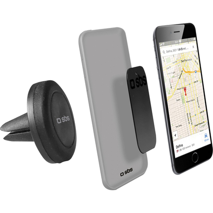Kfz-Halterung mit magnetischem Clip, Smartphone und Halterungsteilen auf einer Karte dargestellt.