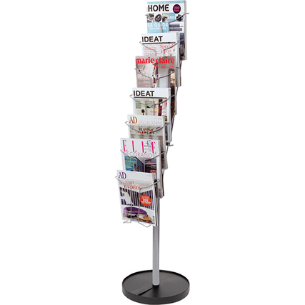 Prospektständer für 7 x DIN A4, gefüllt mit Magazinen, in abgestuftem Design mit schwerem Fuß.