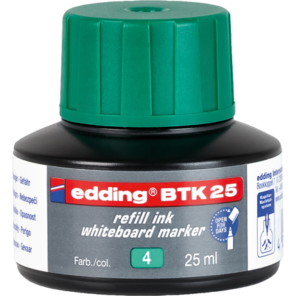 Grüne Nachfülltinte für edding Marker in einer schwarzen Flasche mit grünem Deckel.