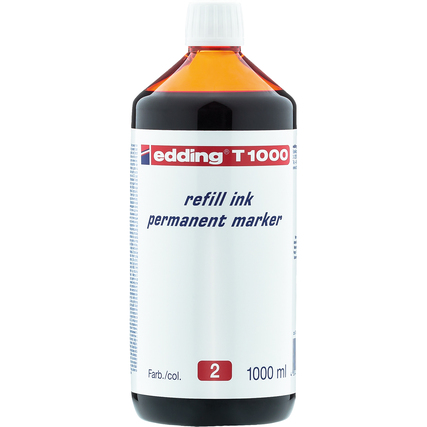 Roten Nachfülltinte für Marker in einer 1000 ml Flasche mit weißem Etikett und Schraubverschluss.