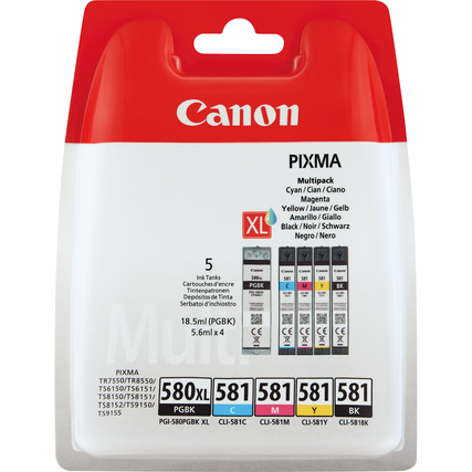 Multipack mit fünf Canon Tintenpatronen in schwarz, fotoschwarz, cyan, magenta und gelb.