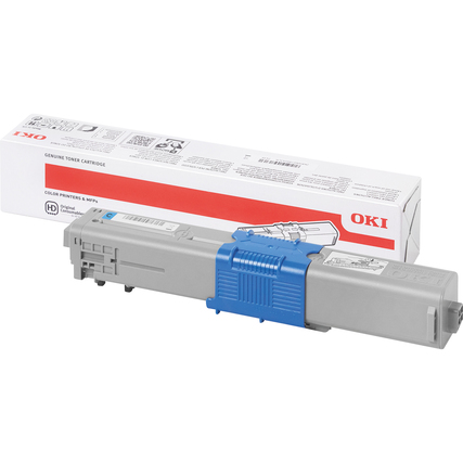 Cyanfarbener Toner mit Verpackung für OKI Drucker.