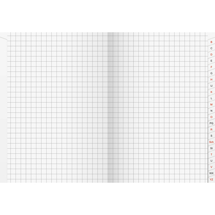 Registerbuch mit karierten Seiten und alphabetischer Einteilung rechts.