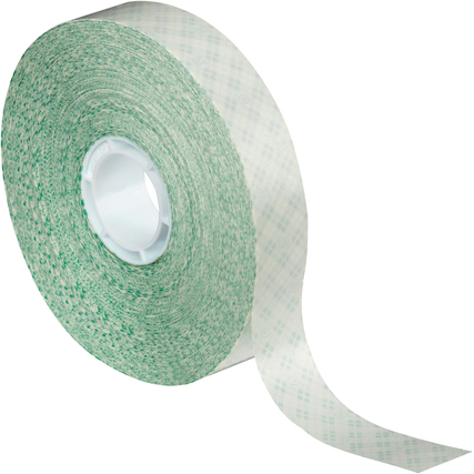Klebefilm auf einer Rolle mit transparentem Trägermaterial und grünem Design.