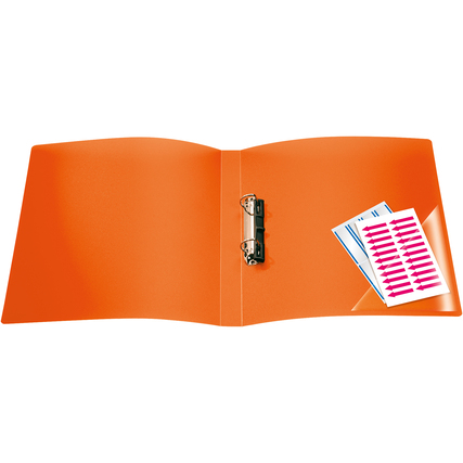 Selbstklebetaschen in orange mit einem Binder und einem Blatt mit Etiketten als Inhalt.