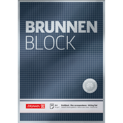 Kariertes A4-Briefblock-Produkt mit grauer und blauer Farbgebung und silbernem Premium-Siegel.