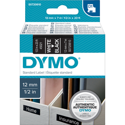 DYMO® Schriftbandkassette D1 12 mm x 7 m (B x L) schwarz weiß Produktbild pa_produktabbildung_1 XL