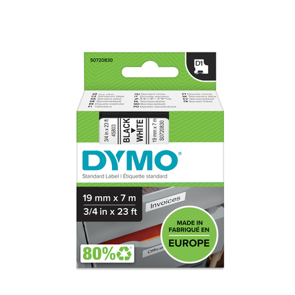 Weiß-schwarze DYMO Schriftbandkassette D1 19 mm x 7 m in Verpackung mit recyclingfähigem Material.