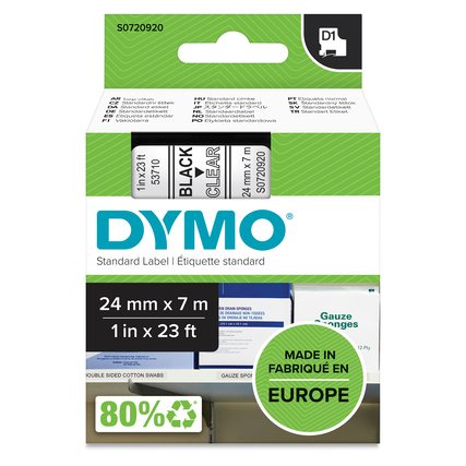 DYMO® Schriftbandkassette D1 24 mm x 7 m (B x L) Kunststoff, 100 % recycelt transparent schwarz Produktbild pa_produktabbildung_2 XL