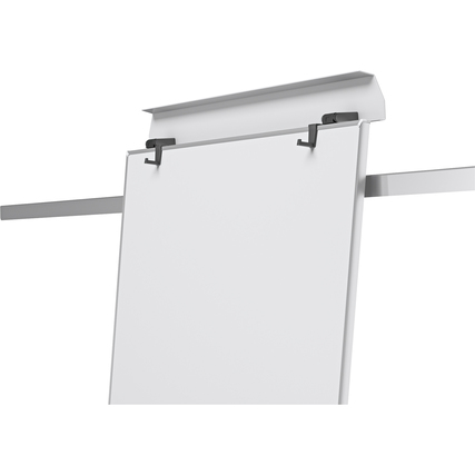 Mobiles Flipchart mit weißer Schreibfläche und schlankem Rahmen, Ansicht von oben.