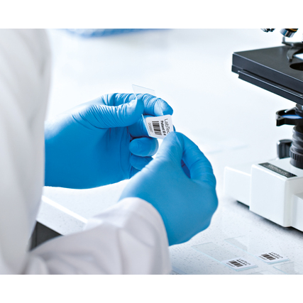 Hände in blauen Handschuhen halten ein Etikett über einer Arbeitsfläche mit einem Mikroskop.