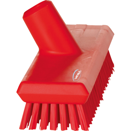 Roter Schrubber mit Wasserdurchlauf, geeignet für die Reinigung in der Lebensmittelindustrie.