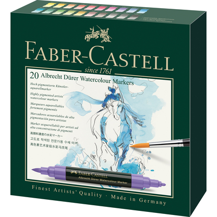 20 Aquarellmarker in einer Verpackung mit Pinselspitze und Faserspitze auf Aquarellpapier.