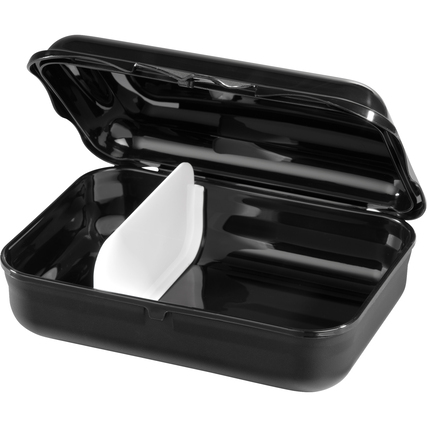 Schwarze Lunchbox mit weißer Trennwand, offen und ohne Inhalt auf einem neutralen Hintergrund.