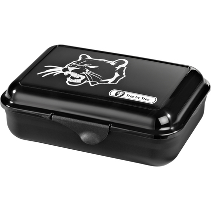 Schwarze Lunchbox mit einem weißen Wildkatzenmotiv auf dem Deckel und einem Verschluss.
