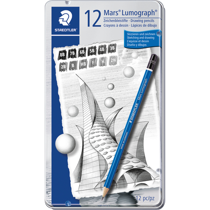 Packung mit 12 STAEDTLER Bleistiften Mars Lumograph in verschiedenen Härtegraden.