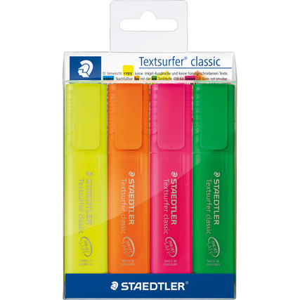 Textmarker in vier Farben (gelb, pink, orange, grün) in einer Verpackung.