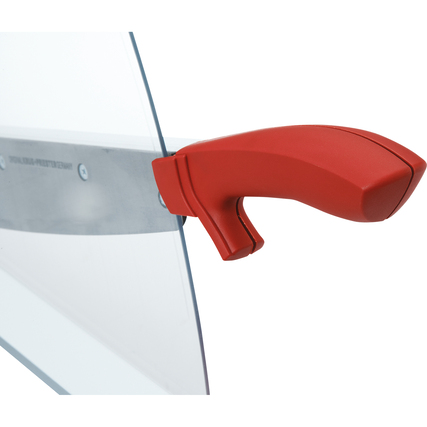 Roter Lösehebel eines Hebelschneiders in Nahaufnahme, der zur einfacheren Schnittgutentnahme dient.