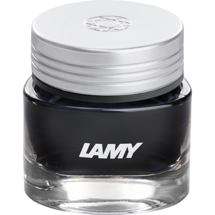 Schwarze Tinte im Glasbehälter mit silbernem Deckel und Lamy-Logo auf der Vorderseite.