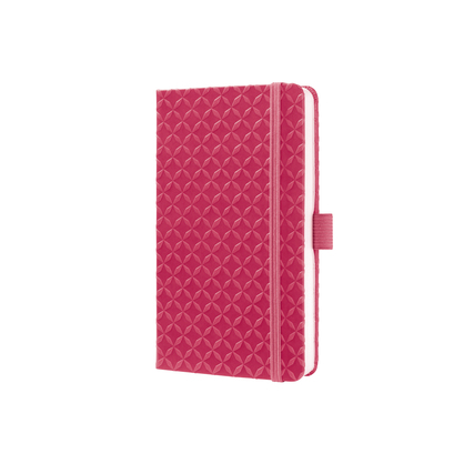 Liniert, fuchsia pinkes Notizbuch im DIN A6 Format mit dekorativem Muster und Gummiband.