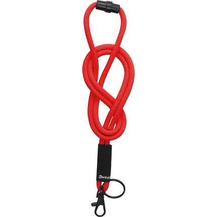 Rotes Textilband mit Schlaufe und Karabinerhaken.