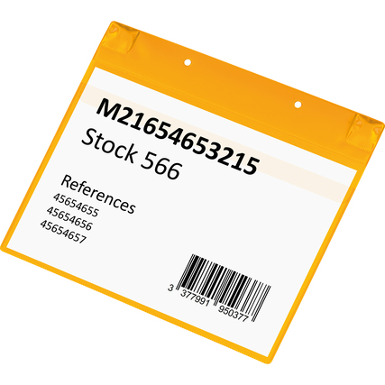 Gelbe Sichttasche DIN A4 quer mit eingelegtem beschriftetem Dokument und Barcode.