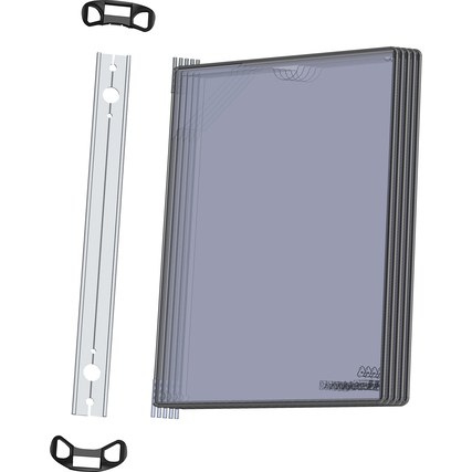 Sichttafelwandhalter mit 5 Sichttafeln aus Stahlblech und PVC sowie Montagezubehör.