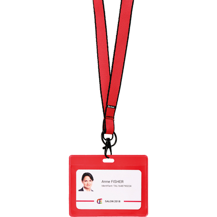 Rotes Namensschild mit Halterung und Lanyard zur Identifikation, personalisiert mit Namen.